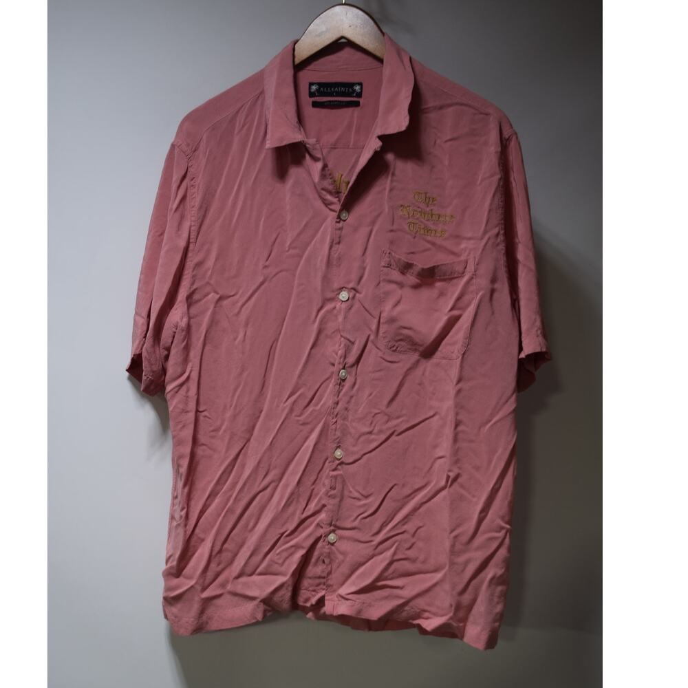 AllSaints Pink Embroidered Camp Collar Button-Up Shirt Men's Large